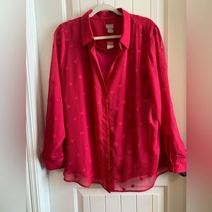 CHICOS Hearts/Valentine, Semi-Sheer LS Blouse W/Matching Camisole, Hot Pink, XXL